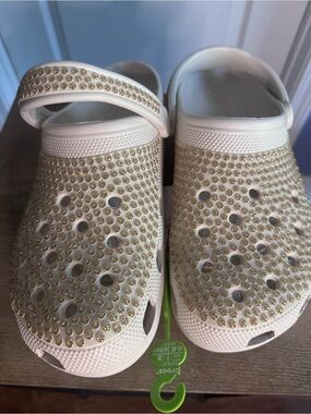CROCS White Slip-On Clogs with Gold Studs